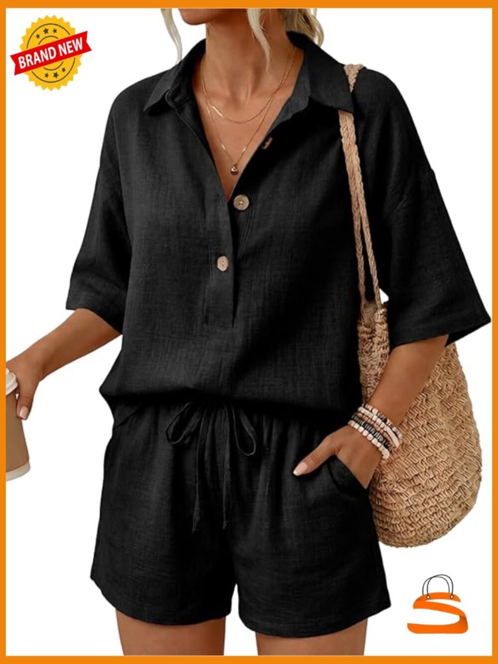 Women's 2 Piece Linen Short Set Summer Casual Outfit with Pockets
